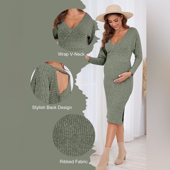 NWT- V-Neck Maternity ribbed Sweater Dress- Size Small - Picture 2 of 11